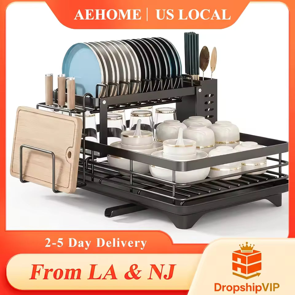2-Tier Expandable Dish Drying Rack with Drainboard