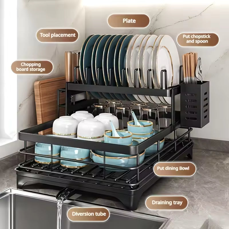 2-Tier Expandable Dish Drying Rack with Drainboard