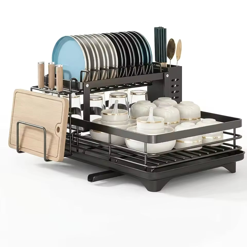 2-Tier Expandable Dish Drying Rack with Drainboard